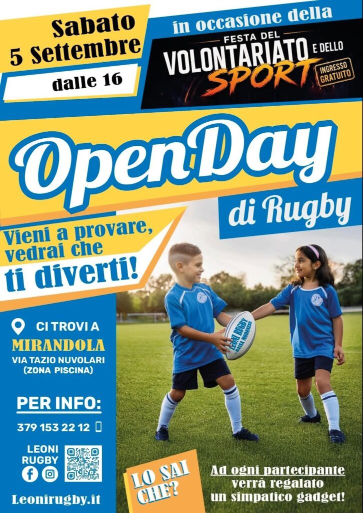 Sabato 5 settembre a Mirandola arriva l’open day di rugby